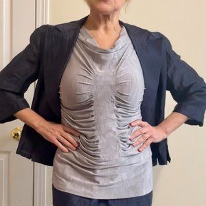 Louben Petite Navy and Grey Button Up, Top, and Skirt Set